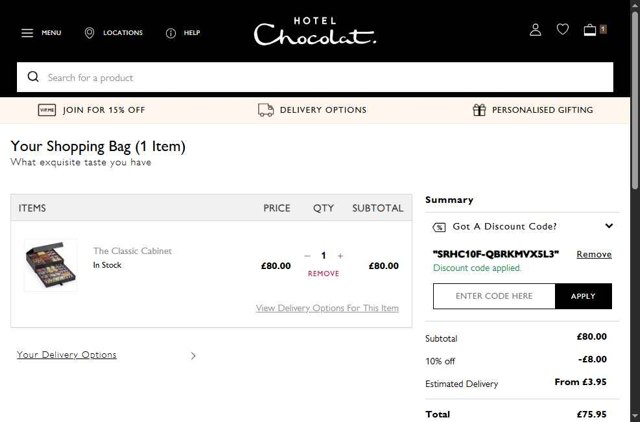 Hotel Chocolat checkout page showing Hotel Chocolat discount code box | Screenshot taken by SimplyCodes community member on Jul 2, 2025