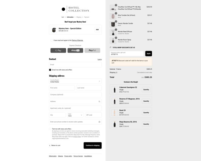 Hotel Collection checkout page showing Hotel Collection discount code box | Screenshot taken by SimplyCodes community member on Aug 12, 2025