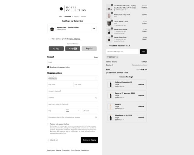 Hotel Collection checkout page showing Hotel Collection discount code box | Screenshot taken by SimplyCodes community member on Aug 11, 2025
