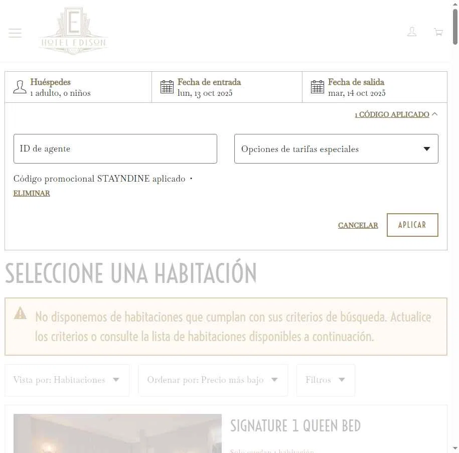 Hotel Edison checkout page showing Hotel Edison promo code box | Screenshot taken by SimplyCodes community member on Oct 13, 2025