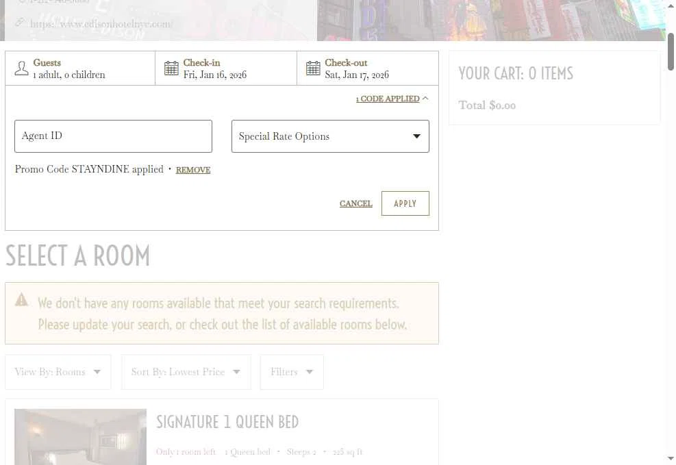 Hotel Edison checkout page showing Hotel Edison promo code box | Screenshot taken by SimplyCodes community member on Jan 8, 2026