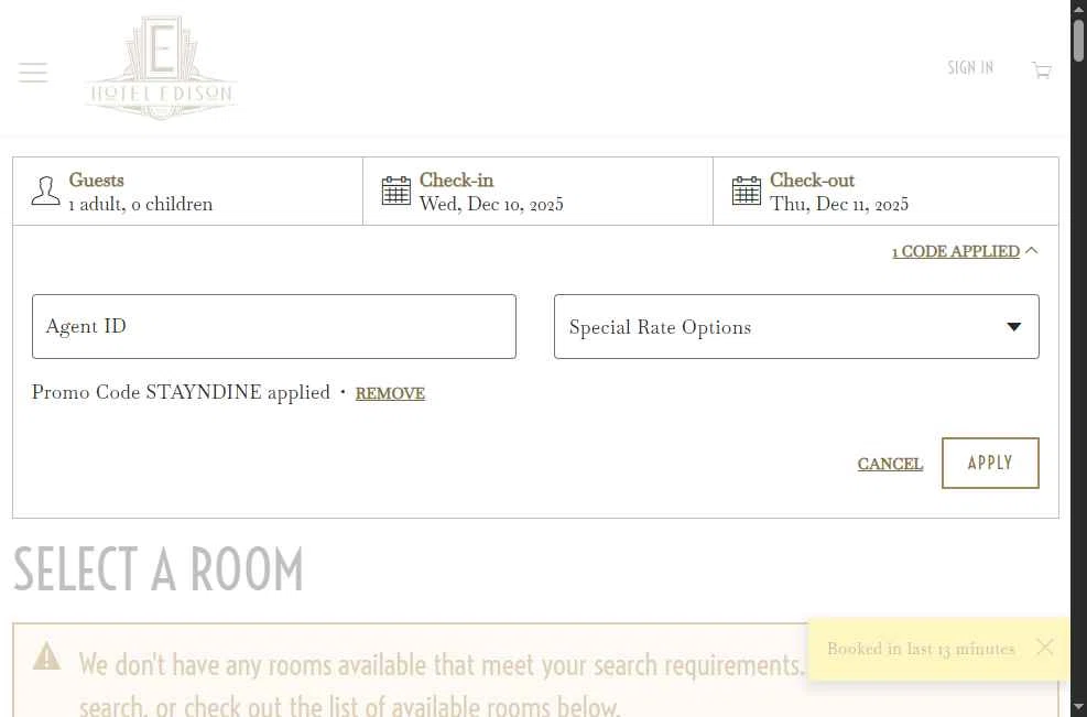 Hotel Edison checkout page showing Hotel Edison promo code box | Screenshot taken by SimplyCodes community member on Dec 10, 2025