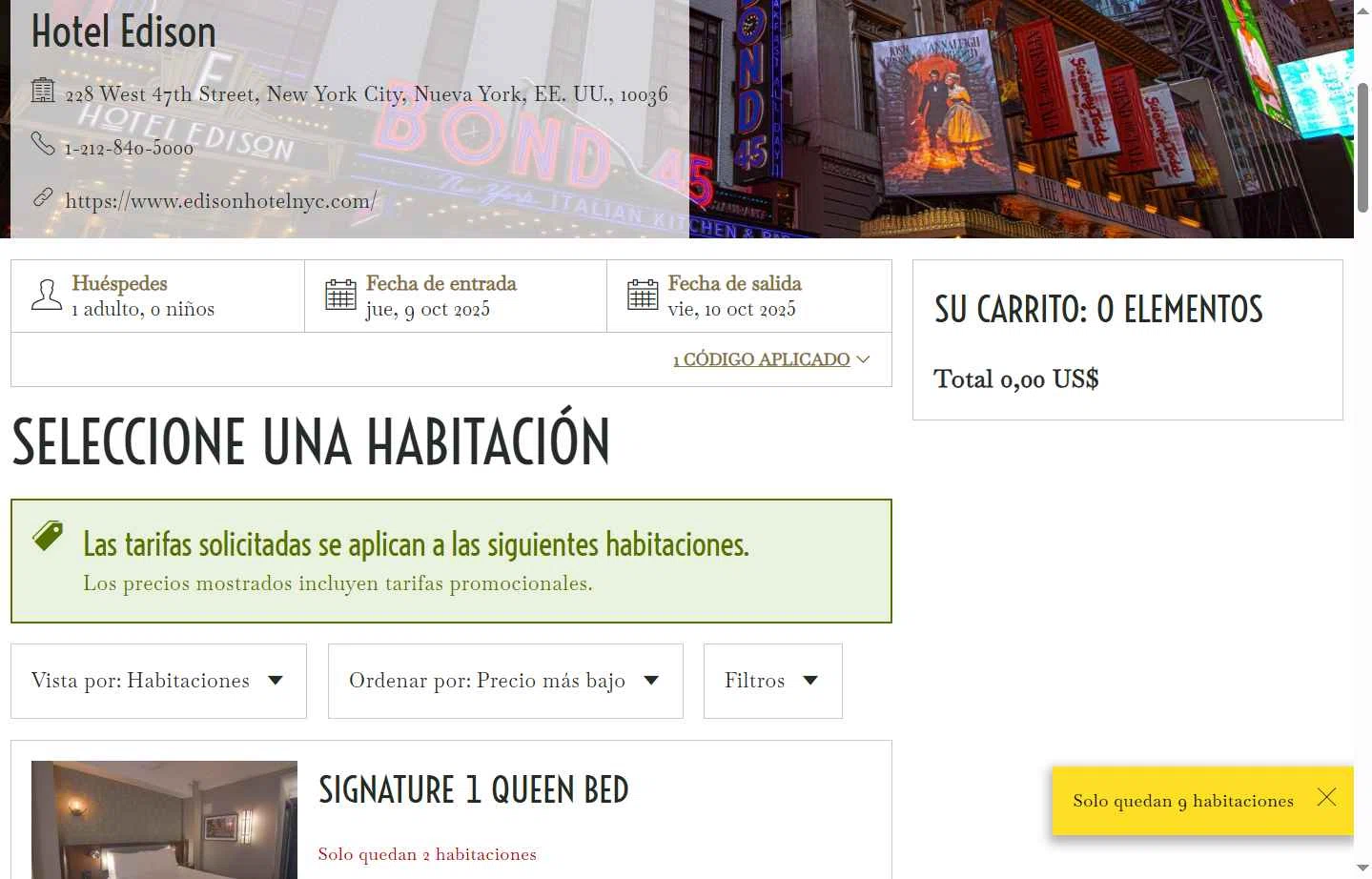 Hotel Edison checkout page showing Hotel Edison promo code box | Screenshot taken by SimplyCodes community member on Oct 9, 2025