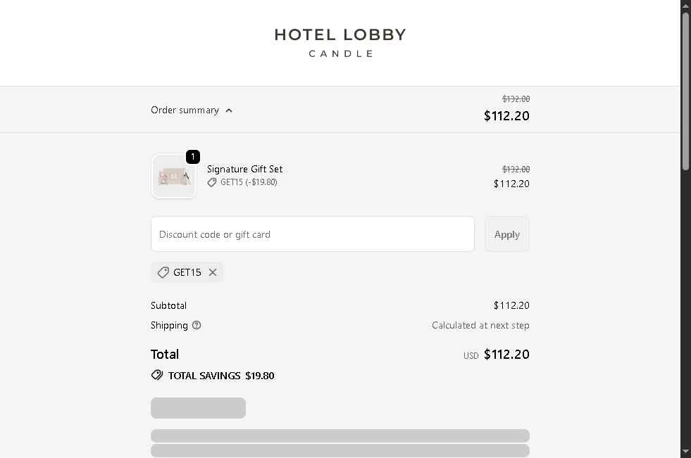 Hotel Lobby Candle checkout page showing Hotel Lobby Candle discount code box | Screenshot taken by SimplyCodes community member on Feb 1, 2026