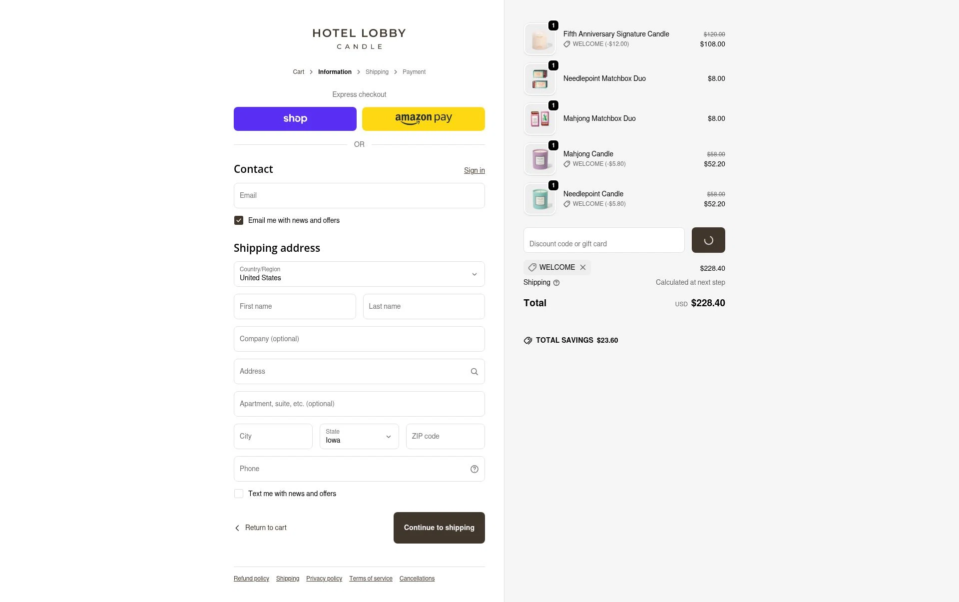 Hotel Lobby Candle checkout page showing Hotel Lobby Candle discount code box | Screenshot taken by SimplyCodes community member on Feb 1, 2026