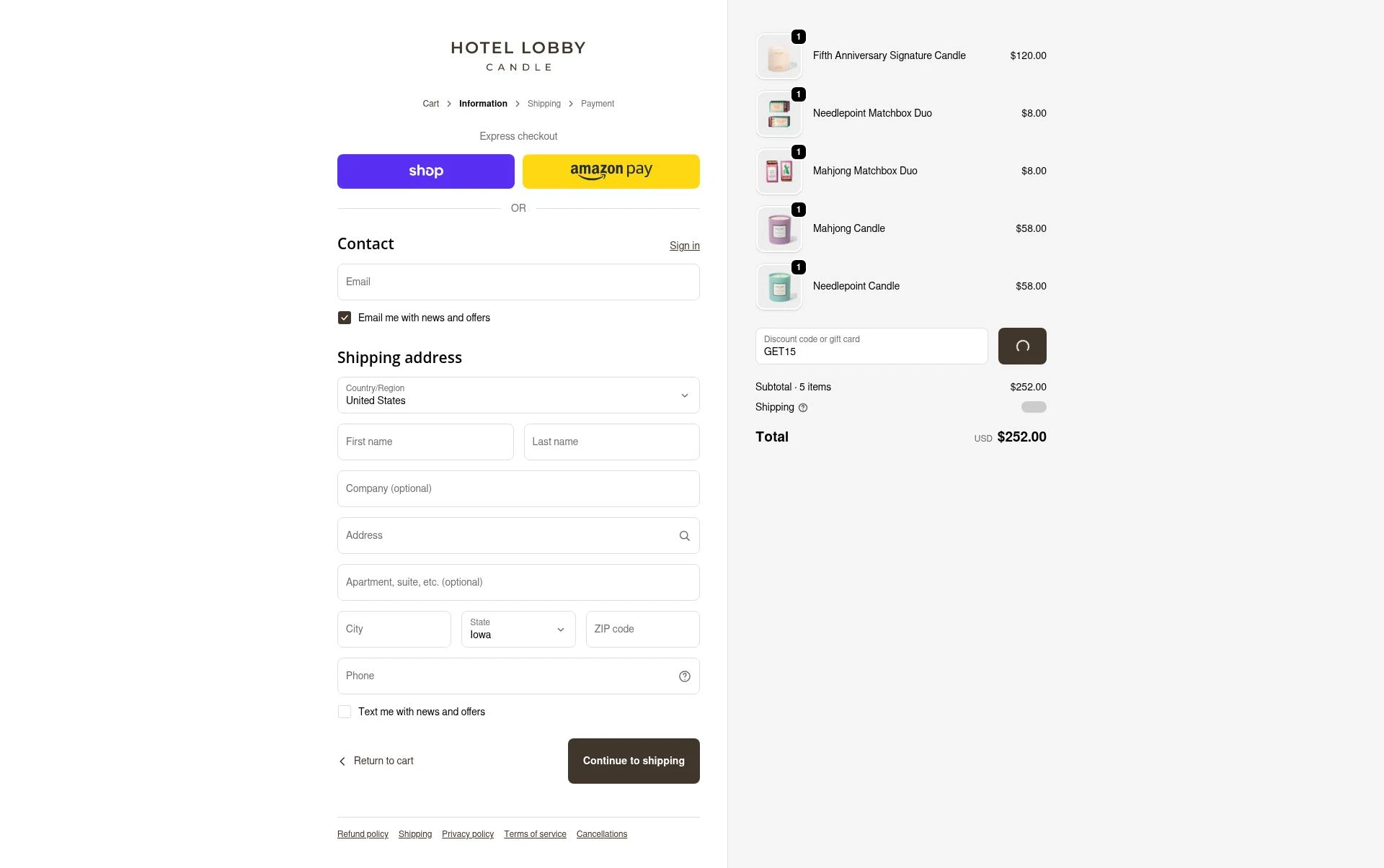 Hotel Lobby Candle checkout page showing Hotel Lobby Candle discount code box | Screenshot taken by SimplyCodes community member on Jan 27, 2026
