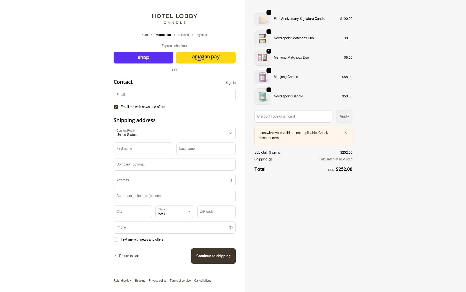 Hotel Lobby Candle checkout page showing Hotel Lobby Candle discount code box | Screenshot taken by SimplyCodes community member on Feb 1, 2026