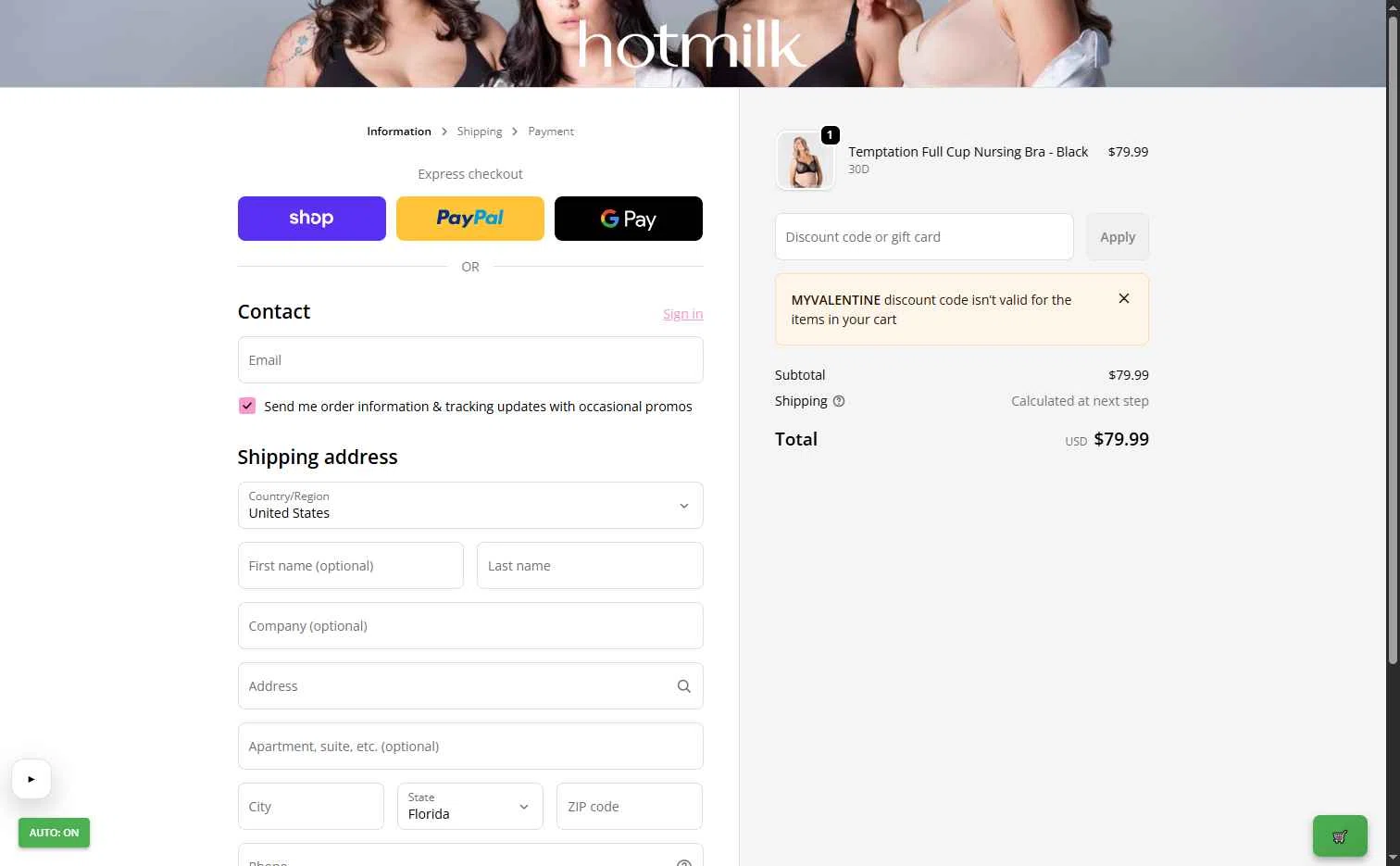 Hotmilk checkout page showing Hotmilk discount code box | Screenshot taken by SimplyCodes community member on Feb 12, 2026