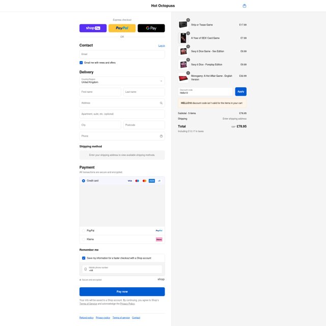 Hot Octopuss checkout page showing Hot Octopuss discount code box | Screenshot taken by SimplyCodes community member on Aug 22, 2025