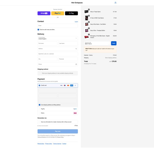 Hot Octopuss checkout page showing Hot Octopuss discount code box | Screenshot taken by SimplyCodes community member on Aug 22, 2025