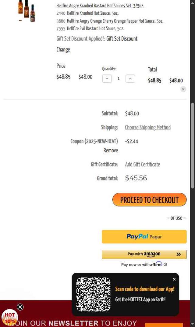 HOTSAUCE.COM checkout page showing HOTSAUCE.COM promo code box | Screenshot taken by SimplyCodes community member on Sep 1, 2025