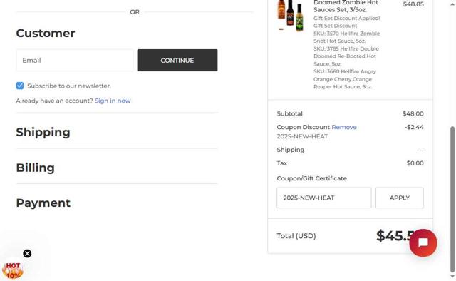 HOTSAUCE.COM checkout page showing HOTSAUCE.COM promo code box | Screenshot taken by SimplyCodes community member on Aug 3, 2025