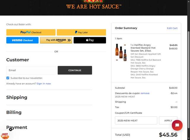 HOTSAUCE.COM checkout page showing HOTSAUCE.COM promo code box | Screenshot taken by SimplyCodes community member on Jun 6, 2025