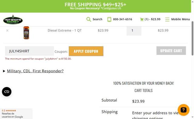 Hot Shot's Secret checkout page showing Hot Shot's Secret discount code box | Screenshot taken by SimplyCodes community member on Aug 31, 2025