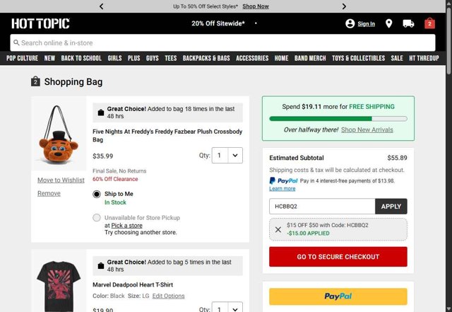 Hot Topic checkout page showing Hot Topic promo code box | Screenshot taken by SimplyCodes community member on Aug 13, 2025