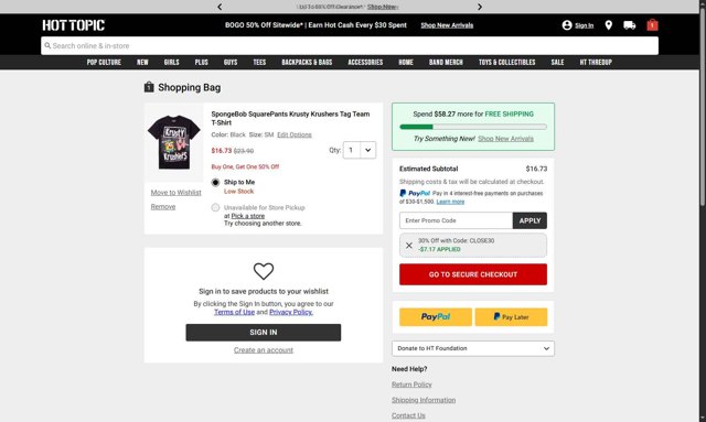 Hot Topic checkout page showing Hot Topic promo code box | Screenshot taken by SimplyCodes community member on Aug 24, 2025