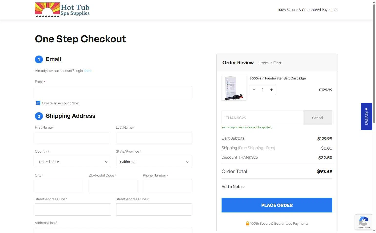 Hot Tub Spa Supplies checkout page showing Hot Tub Spa Supplies discount code box | Screenshot taken by SimplyCodes community member on Nov 25, 2025
