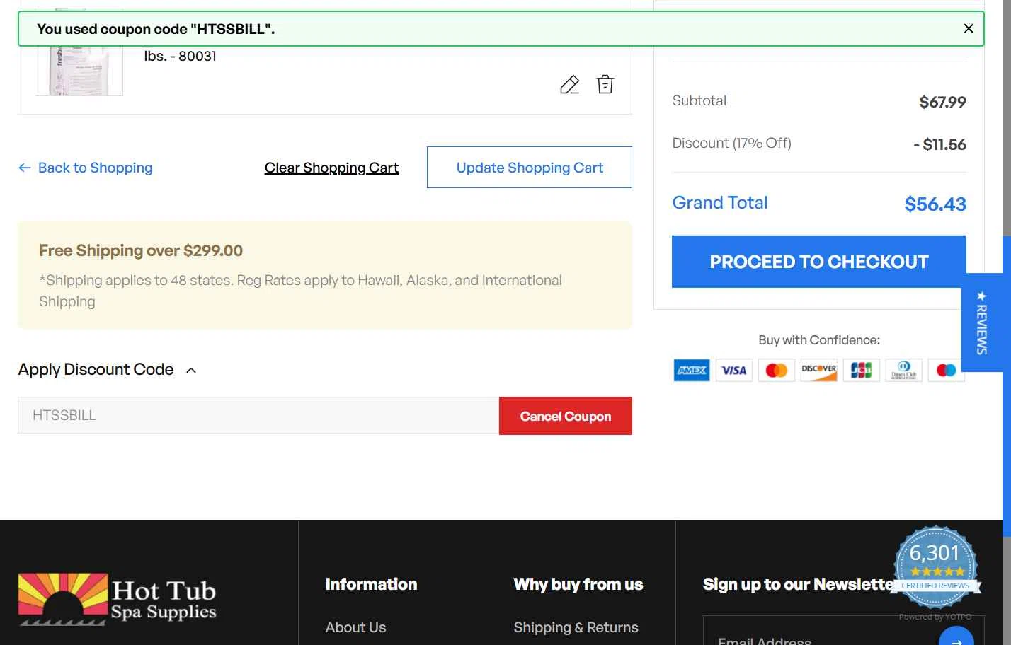 Hot Tub Spa Supplies checkout page showing Hot Tub Spa Supplies discount code box | Screenshot taken by SimplyCodes community member on Feb 4, 2026