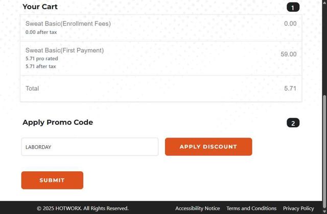 HOTWORX checkout page showing HOTWORX promo code box | Screenshot taken by SimplyCodes community member on Aug 29, 2025