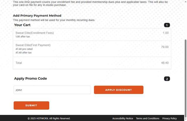 HOTWORX checkout page showing HOTWORX promo code box | Screenshot taken by SimplyCodes community member on Sep 13, 2025