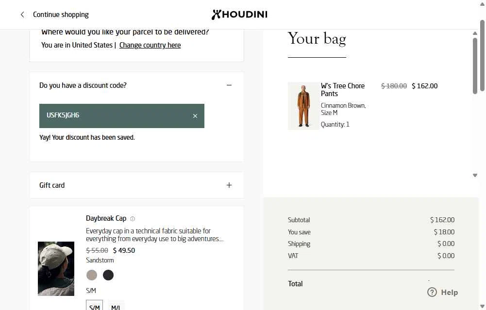 Houdini Sportswear checkout page showing Houdini Sportswear discount code box | Screenshot taken by SimplyCodes community member on Jun 5, 2025