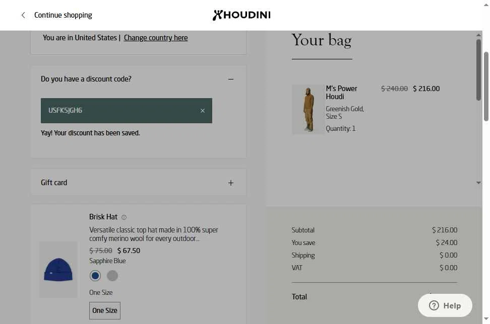 Houdini Sportswear checkout page showing Houdini Sportswear discount code box | Screenshot taken by SimplyCodes community member on Dec 22, 2025