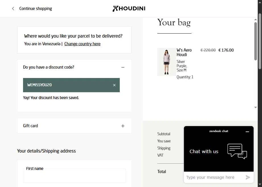 Houdini Sportswear checkout page showing Houdini Sportswear discount code box | Screenshot taken by SimplyCodes community member on Feb 20, 2026
