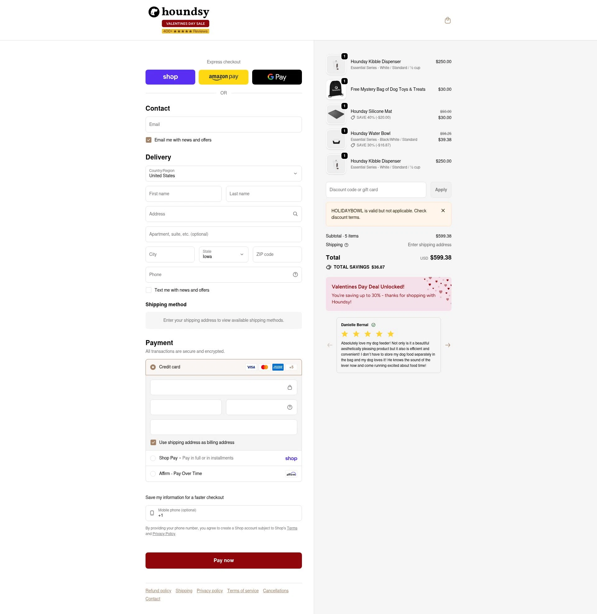 Houndsy checkout page showing Houndsy discount code box | Screenshot taken by SimplyCodes community member on Feb 2, 2026