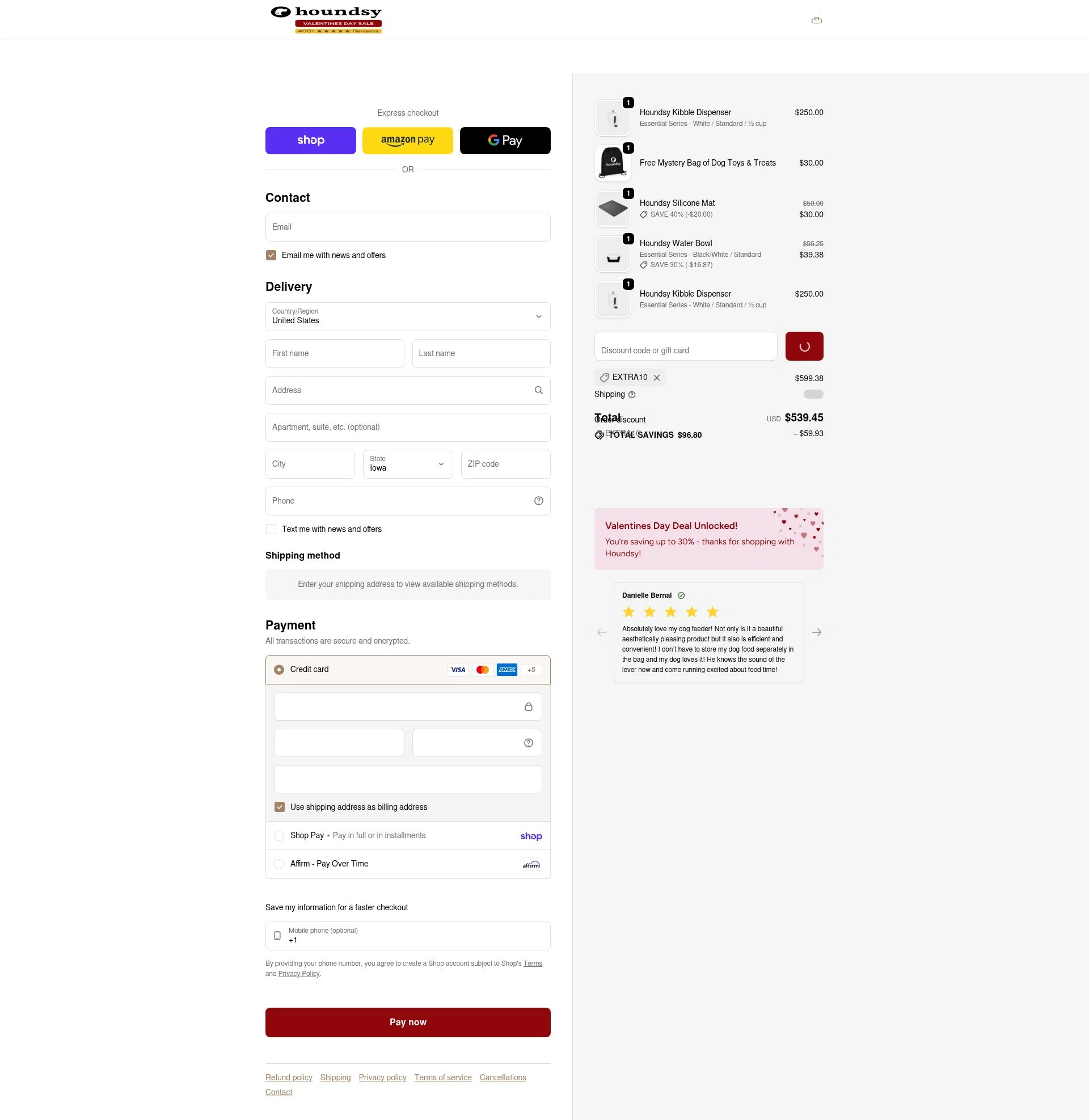 Houndsy checkout page showing Houndsy discount code box | Screenshot taken by SimplyCodes community member on Feb 2, 2026