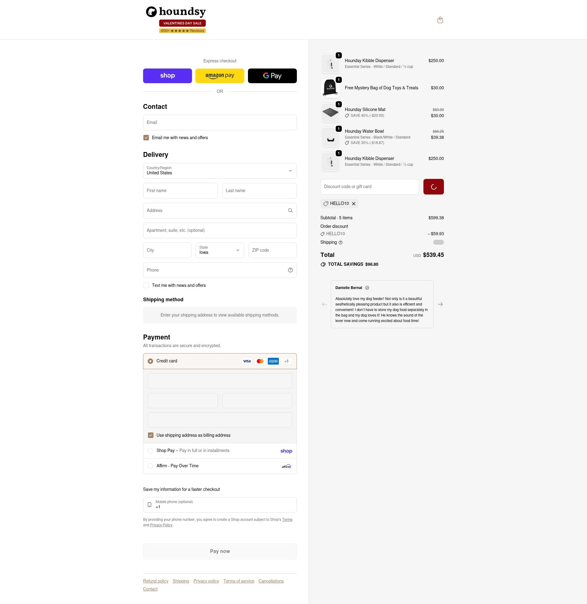 Houndsy checkout page showing Houndsy discount code box | Screenshot taken by SimplyCodes community member on Feb 2, 2026