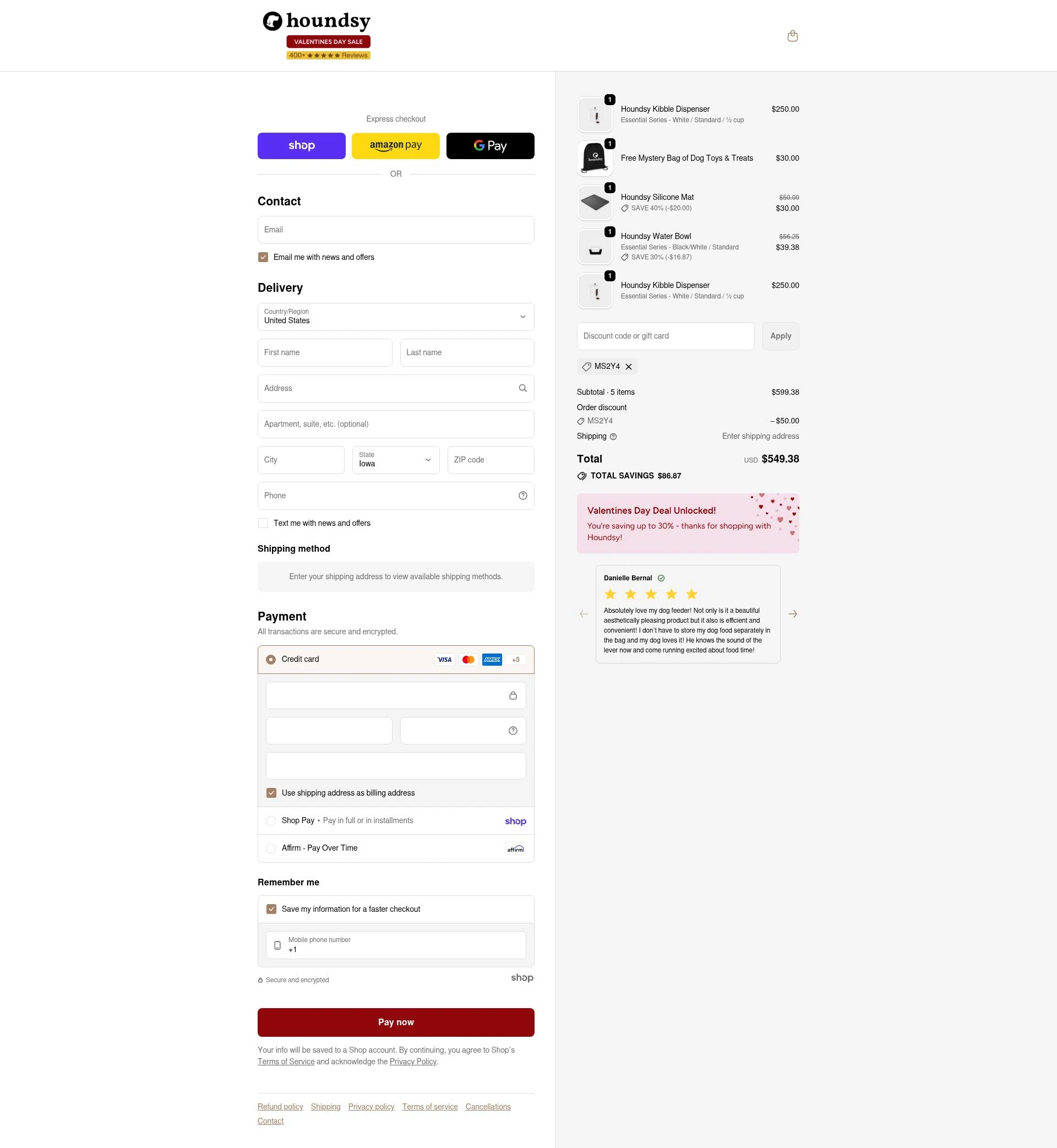 Houndsy checkout page showing Houndsy discount code box | Screenshot taken by SimplyCodes community member on Jan 29, 2026