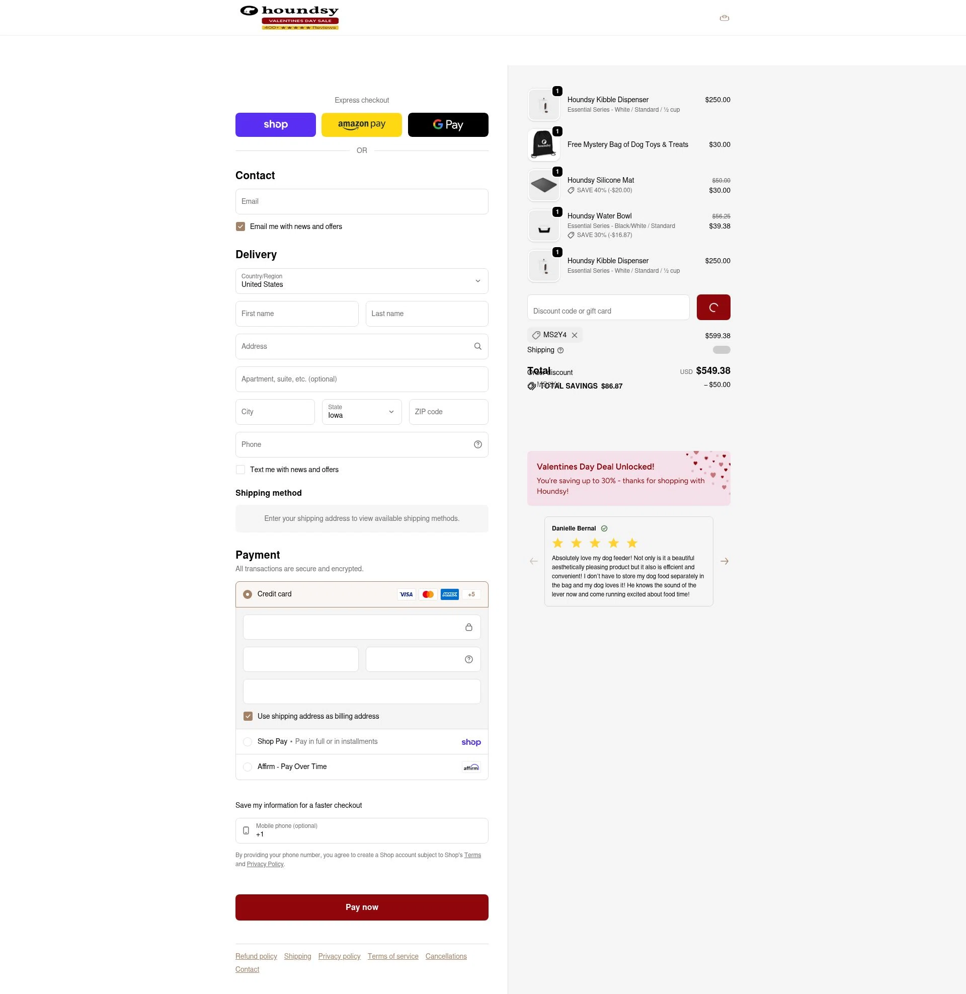 Houndsy checkout page showing Houndsy discount code box | Screenshot taken by SimplyCodes community member on Feb 2, 2026