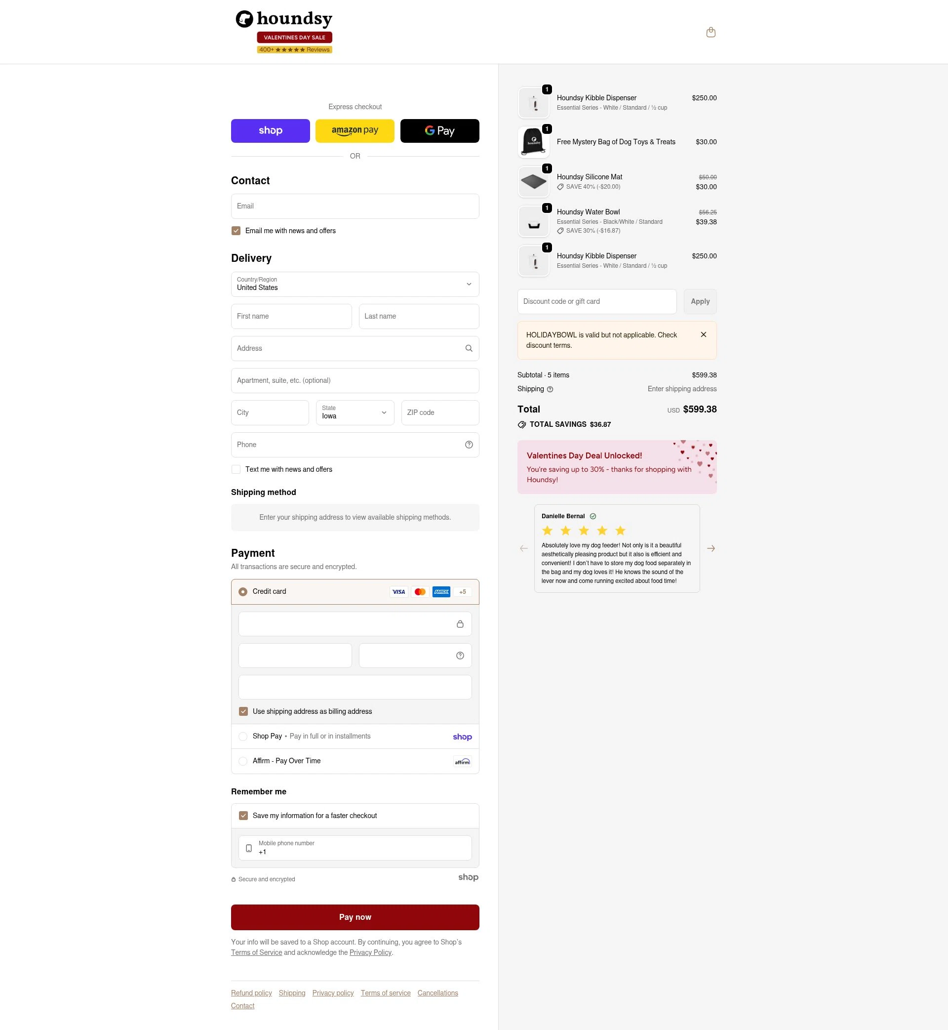 Houndsy checkout page showing Houndsy discount code box | Screenshot taken by SimplyCodes community member on Jan 29, 2026