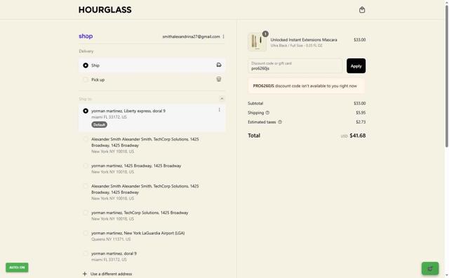 Hourglass checkout page showing Hourglass promo code box | Screenshot taken by SimplyCodes community member on Sep 15, 2025