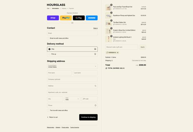 Hourglass checkout page showing Hourglass promo code box | Screenshot taken by SimplyCodes community member on Sep 14, 2025