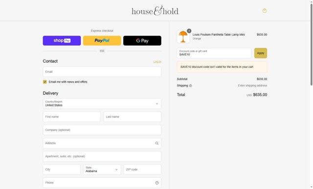 House&Hold checkout page showing House&Hold promo code box | Screenshot taken by SimplyCodes community member on May 17, 2025