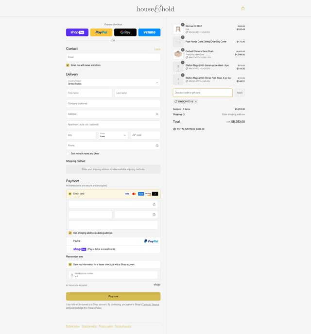 House&Hold checkout page showing House&Hold promo code box | Screenshot taken by SimplyCodes community member on May 1, 2025