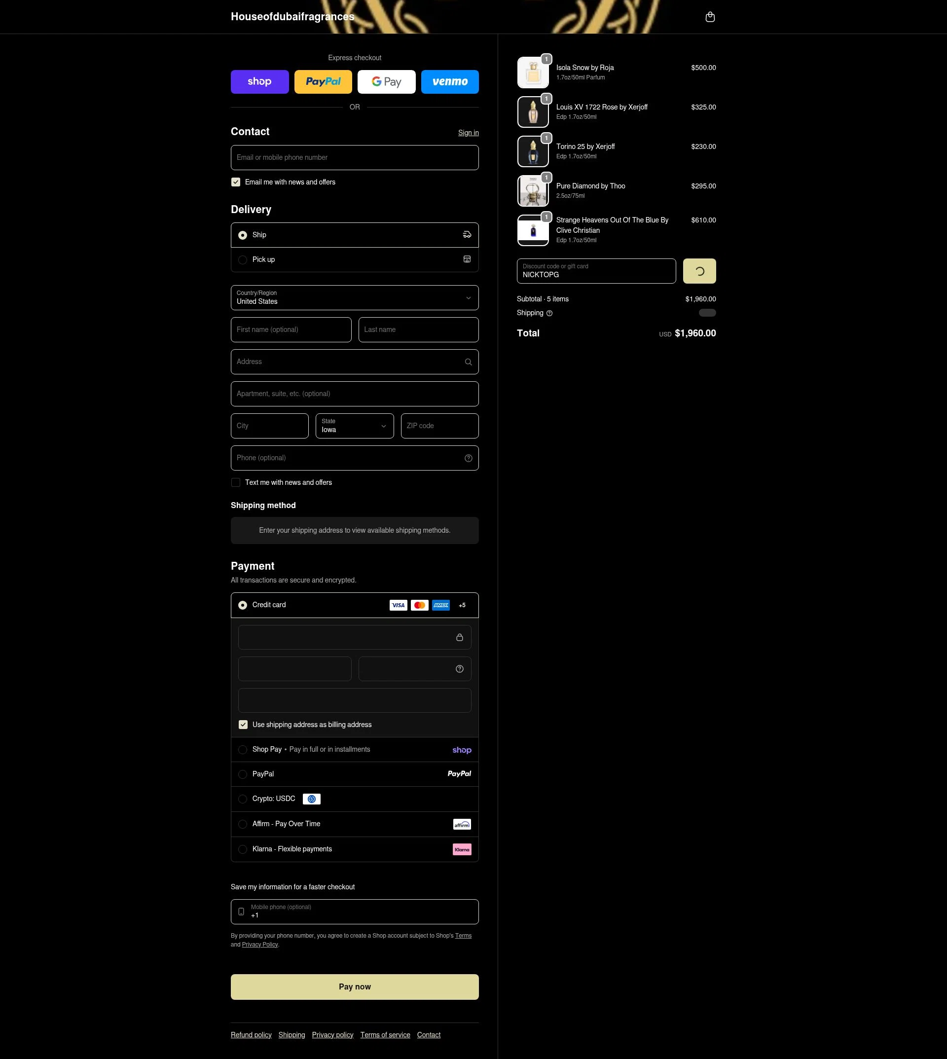 House of Dubai checkout page showing House of Dubai discount code box | Screenshot taken by SimplyCodes community member on Feb 26, 2026