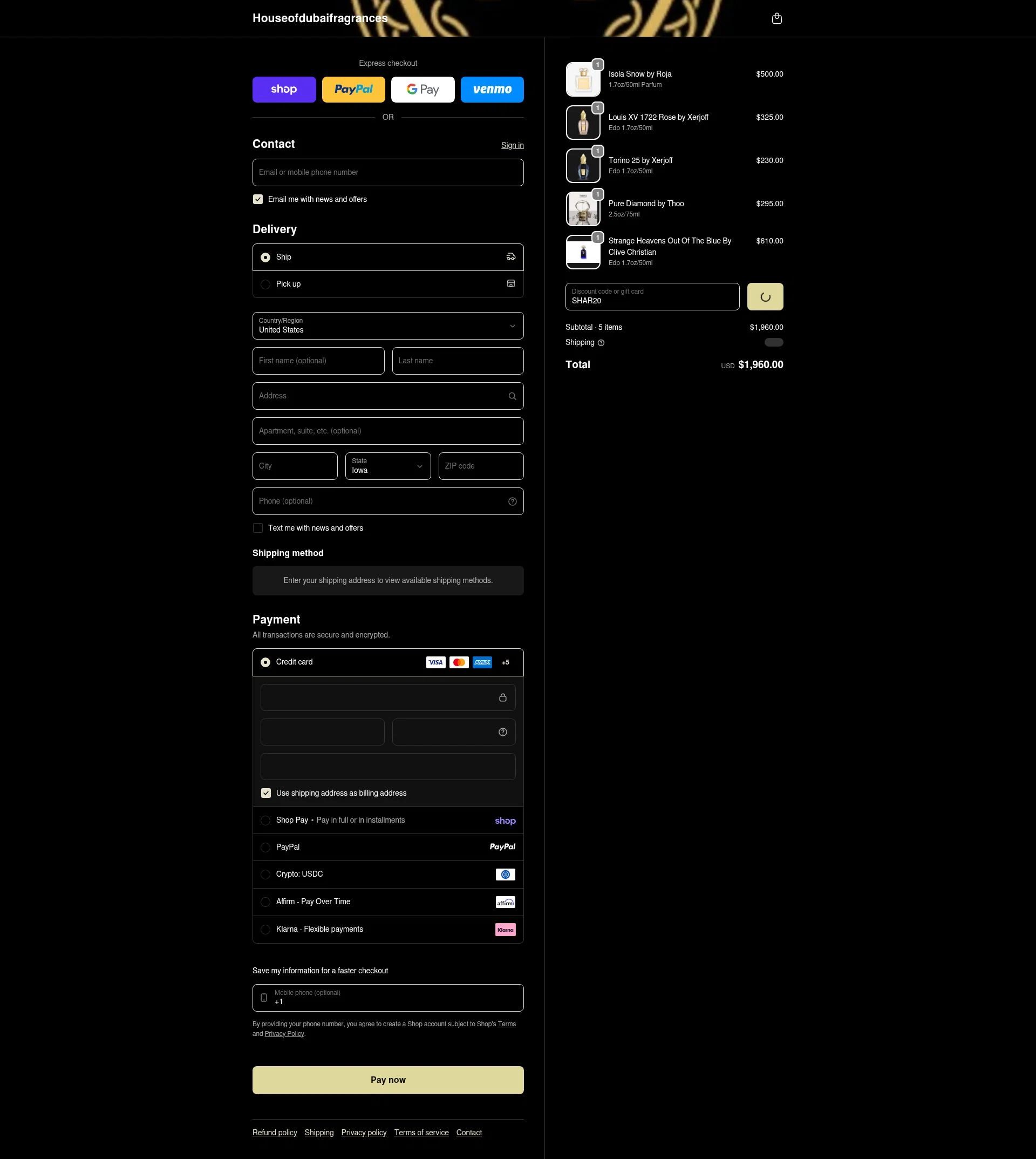 House of Dubai checkout page showing House of Dubai discount code box | Screenshot taken by SimplyCodes community member on Feb 22, 2026