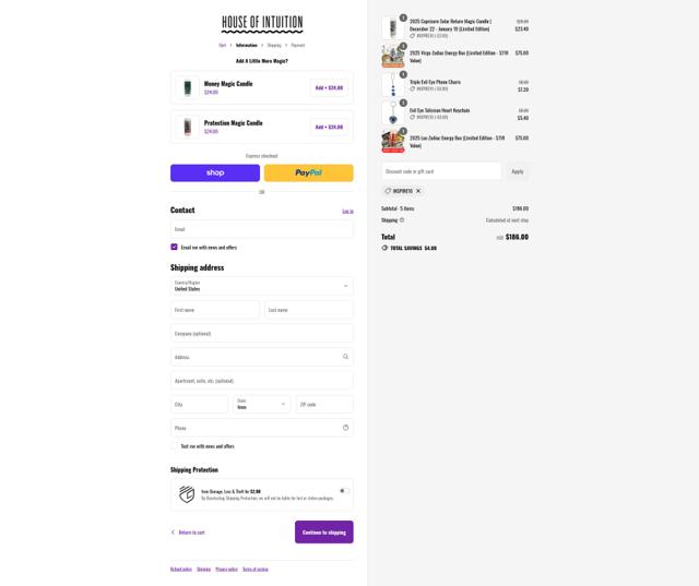 House of Intuition checkout page showing House of Intuition discount code box | Screenshot taken by SimplyCodes community member on Sep 9, 2025