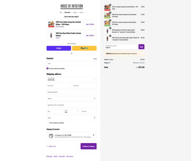 House of Intuition checkout page showing House of Intuition discount code box | Screenshot taken by SimplyCodes community member on Sep 4, 2025