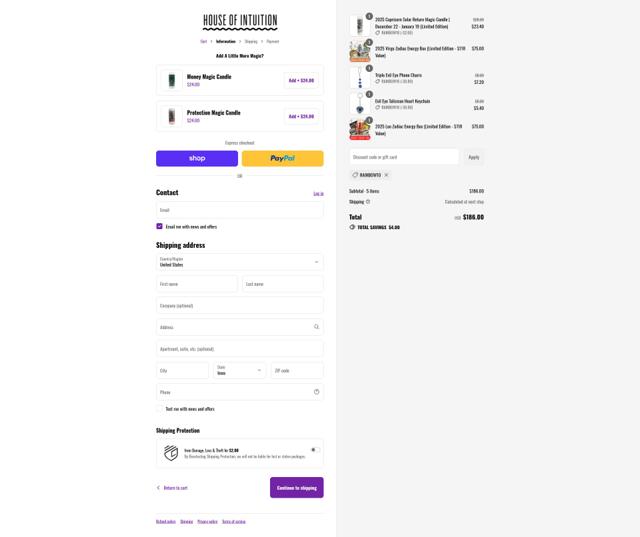 House of Intuition checkout page showing House of Intuition discount code box | Screenshot taken by SimplyCodes community member on Sep 9, 2025