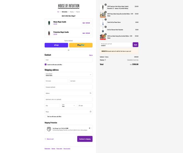 House of Intuition checkout page showing House of Intuition discount code box | Screenshot taken by SimplyCodes community member on Sep 13, 2025
