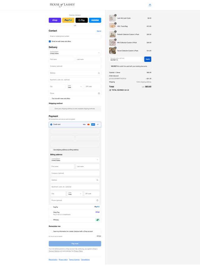 House of Lashes checkout page showing House of Lashes promo code box | Screenshot taken by SimplyCodes community member on Sep 13, 2025