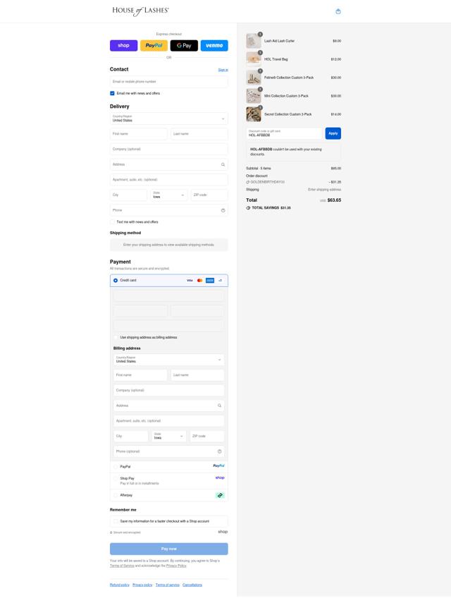 House of Lashes checkout page showing House of Lashes promo code box | Screenshot taken by SimplyCodes community member on Sep 13, 2025
