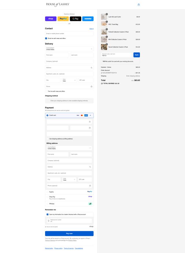 House of Lashes checkout page showing House of Lashes promo code box | Screenshot taken by SimplyCodes community member on Sep 13, 2025