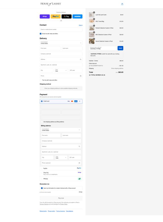 House of Lashes checkout page showing House of Lashes promo code box | Screenshot taken by SimplyCodes community member on Sep 13, 2025