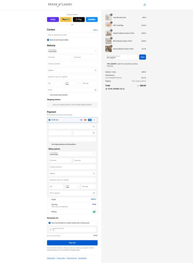 House of Lashes checkout page showing House of Lashes promo code box | Screenshot taken by SimplyCodes community member on Sep 13, 2025