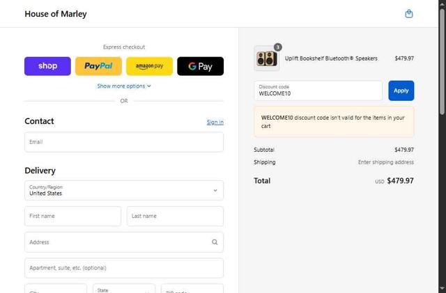 House of Marley checkout page showing House of Marley coupon code box | Screenshot taken by SimplyCodes community member on Sep 12, 2025