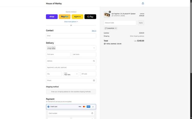 House of Marley checkout page showing House of Marley coupon code box | Screenshot taken by SimplyCodes community member on Sep 12, 2025